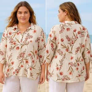 New NWT Tahari 100% Linen Flax Floral Tunic Blouse Cream Brown Beige Red Collar